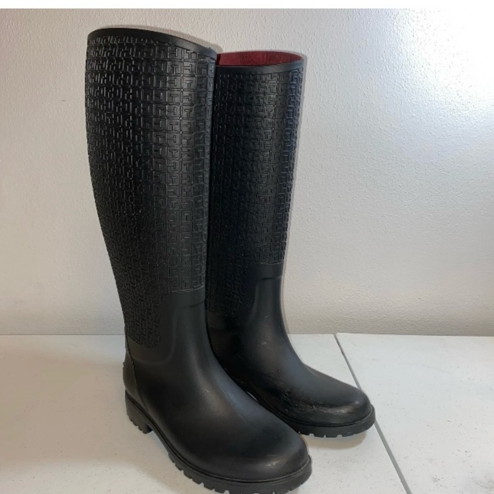 Tommy Hilfiger Black Women's Rain Boots‎ Textured Monogram READ